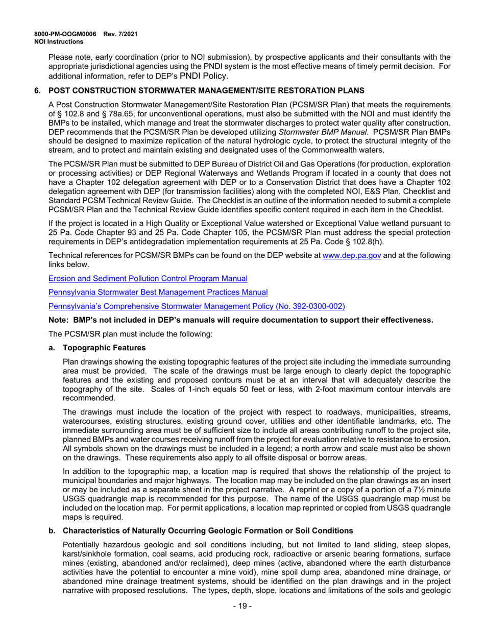 Instructions for Form 8000-PM-OOGM0006 Notice of Intent (Noi) for Coverage Under the Erosion and Sediment Control General Permit (Escgp-3) for Earth Disturbance Associated With Oil and Gas Exploration, Production, Processing, or Treatment Operations or Transmission Facilities - Pennsylvania, Page 19