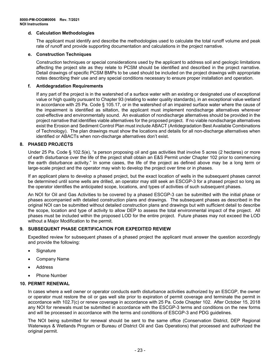 Instructions for Form 8000-PM-OOGM0006 Notice of Intent (Noi) for Coverage Under the Erosion and Sediment Control General Permit (Escgp-3) for Earth Disturbance Associated With Oil and Gas Exploration, Production, Processing, or Treatment Operations or Transmission Facilities - Pennsylvania, Page 23