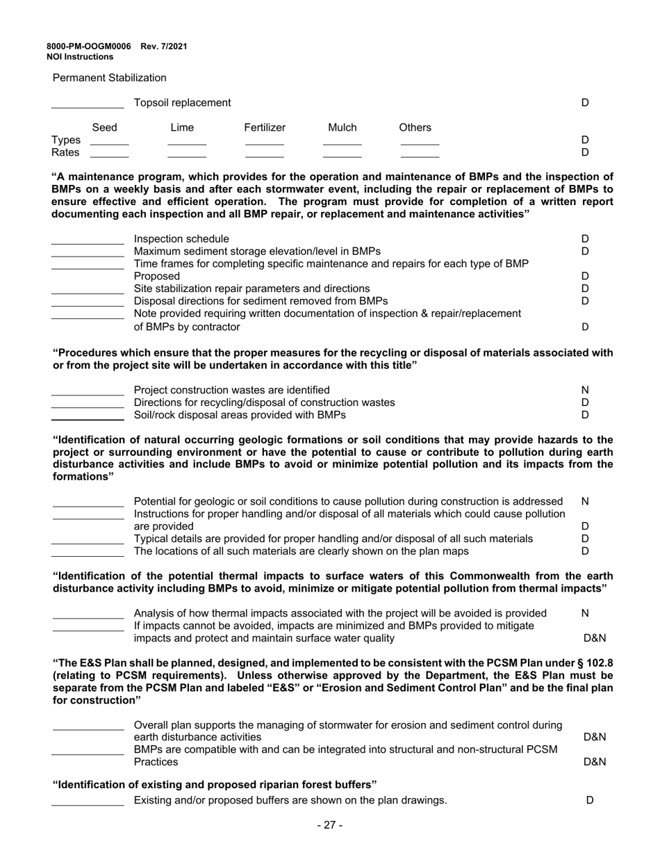 Instructions for Form 8000-PM-OOGM0006 Notice of Intent (Noi) for Coverage Under the Erosion and Sediment Control General Permit (Escgp-3) for Earth Disturbance Associated With Oil and Gas Exploration, Production, Processing, or Treatment Operations or Transmission Facilities - Pennsylvania, Page 27