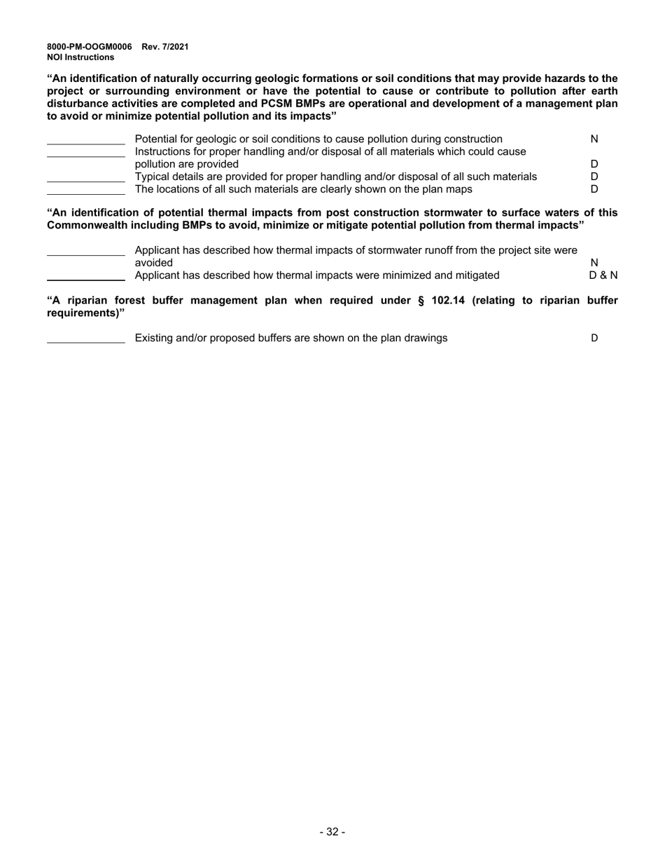 Instructions for Form 8000-PM-OOGM0006 Notice of Intent (Noi) for Coverage Under the Erosion and Sediment Control General Permit (Escgp-3) for Earth Disturbance Associated With Oil and Gas Exploration, Production, Processing, or Treatment Operations or Transmission Facilities - Pennsylvania, Page 32
