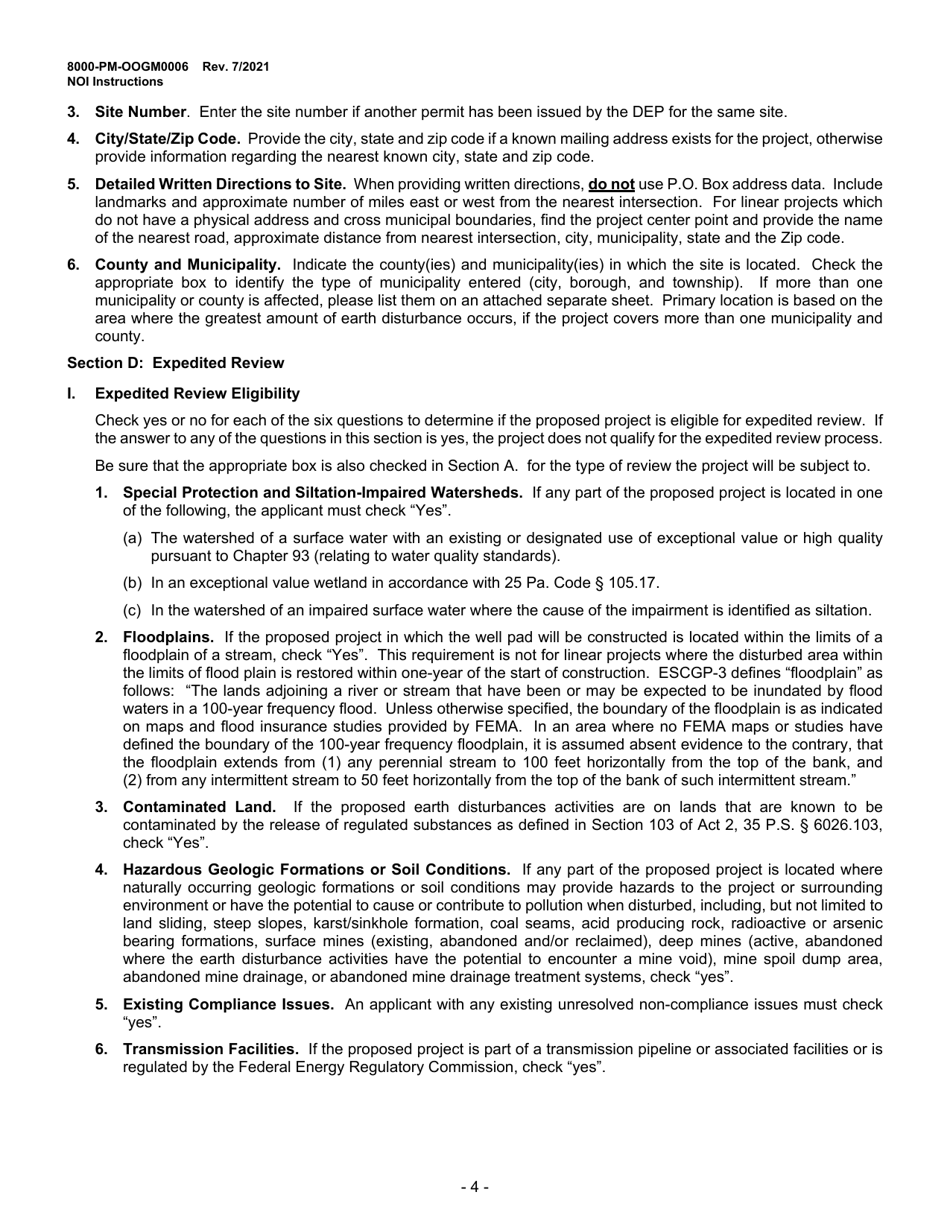 Instructions for Form 8000-PM-OOGM0006 Notice of Intent (Noi) for Coverage Under the Erosion and Sediment Control General Permit (Escgp-3) for Earth Disturbance Associated With Oil and Gas Exploration, Production, Processing, or Treatment Operations or Transmission Facilities - Pennsylvania, Page 4