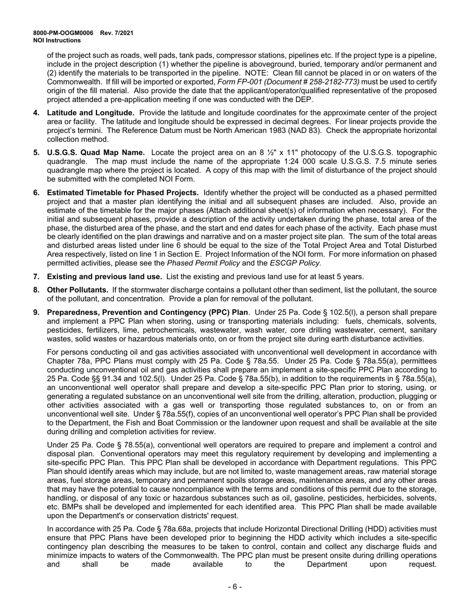 Instructions for Form 8000-PM-OOGM0006 Notice of Intent (Noi) for Coverage Under the Erosion and Sediment Control General Permit (Escgp-3) for Earth Disturbance Associated With Oil and Gas Exploration, Production, Processing, or Treatment Operations or Transmission Facilities - Pennsylvania, Page 6