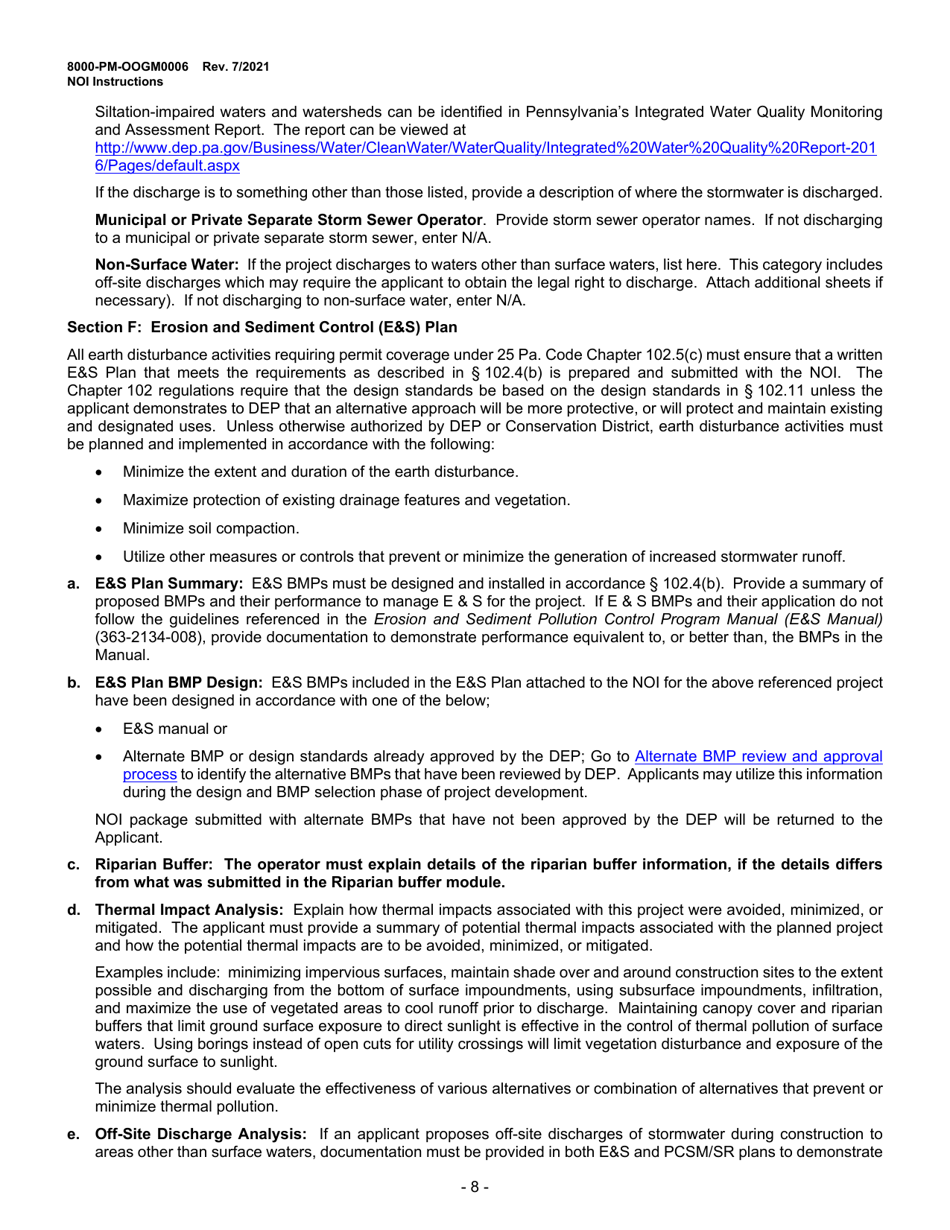Instructions for Form 8000-PM-OOGM0006 Notice of Intent (Noi) for Coverage Under the Erosion and Sediment Control General Permit (Escgp-3) for Earth Disturbance Associated With Oil and Gas Exploration, Production, Processing, or Treatment Operations or Transmission Facilities - Pennsylvania, Page 8
