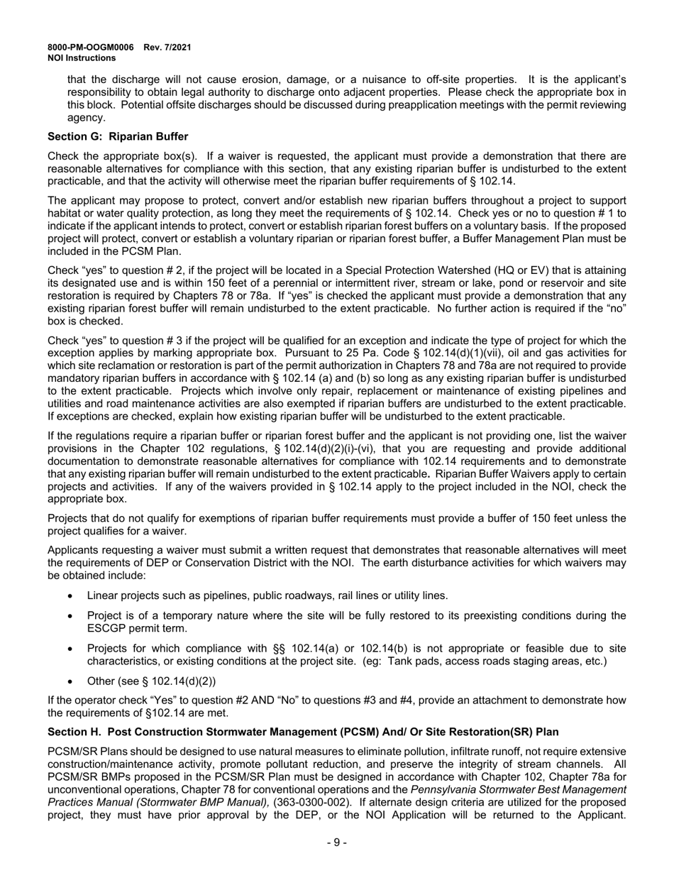 Instructions for Form 8000-PM-OOGM0006 Notice of Intent (Noi) for Coverage Under the Erosion and Sediment Control General Permit (Escgp-3) for Earth Disturbance Associated With Oil and Gas Exploration, Production, Processing, or Treatment Operations or Transmission Facilities - Pennsylvania, Page 9
