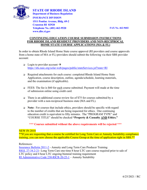 Home State Application for Continuing Education Course Approval - Rhode Island Download Pdf