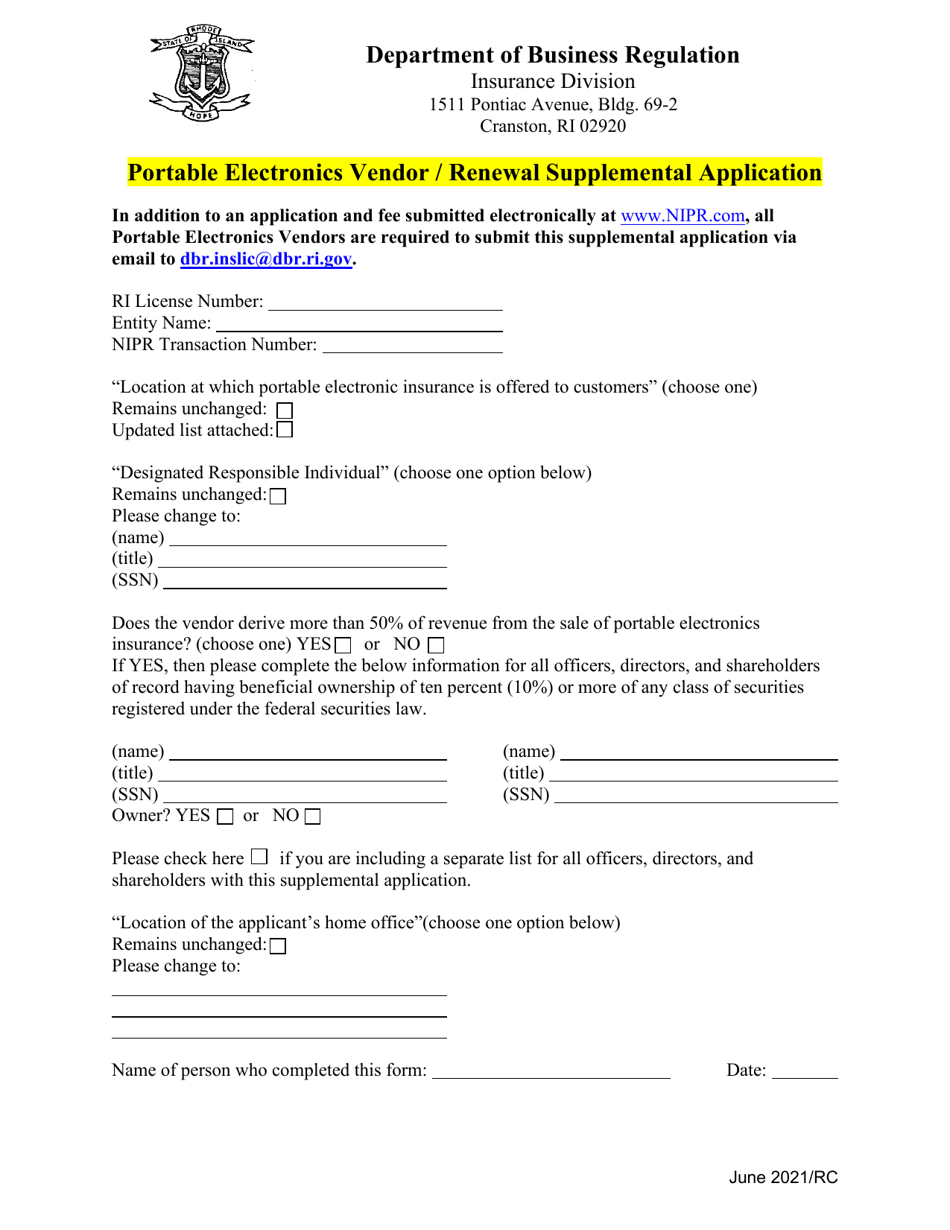 Portable Electronics Vendor / Renewal Supplemental Application - Rhode Island, Page 1