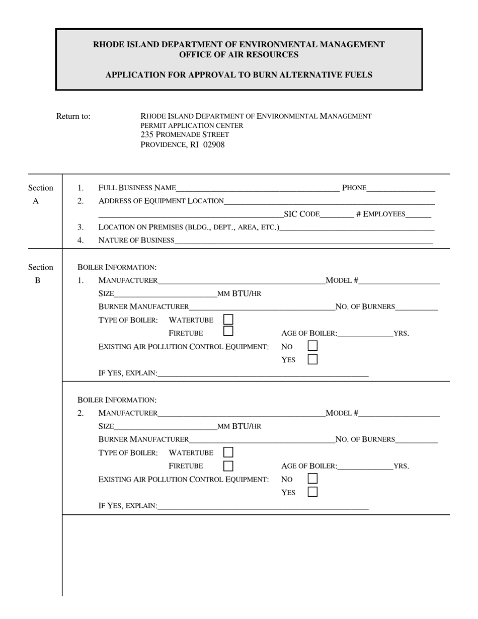 Rhode Island Application For Approval To Burn Alternative Fuels 