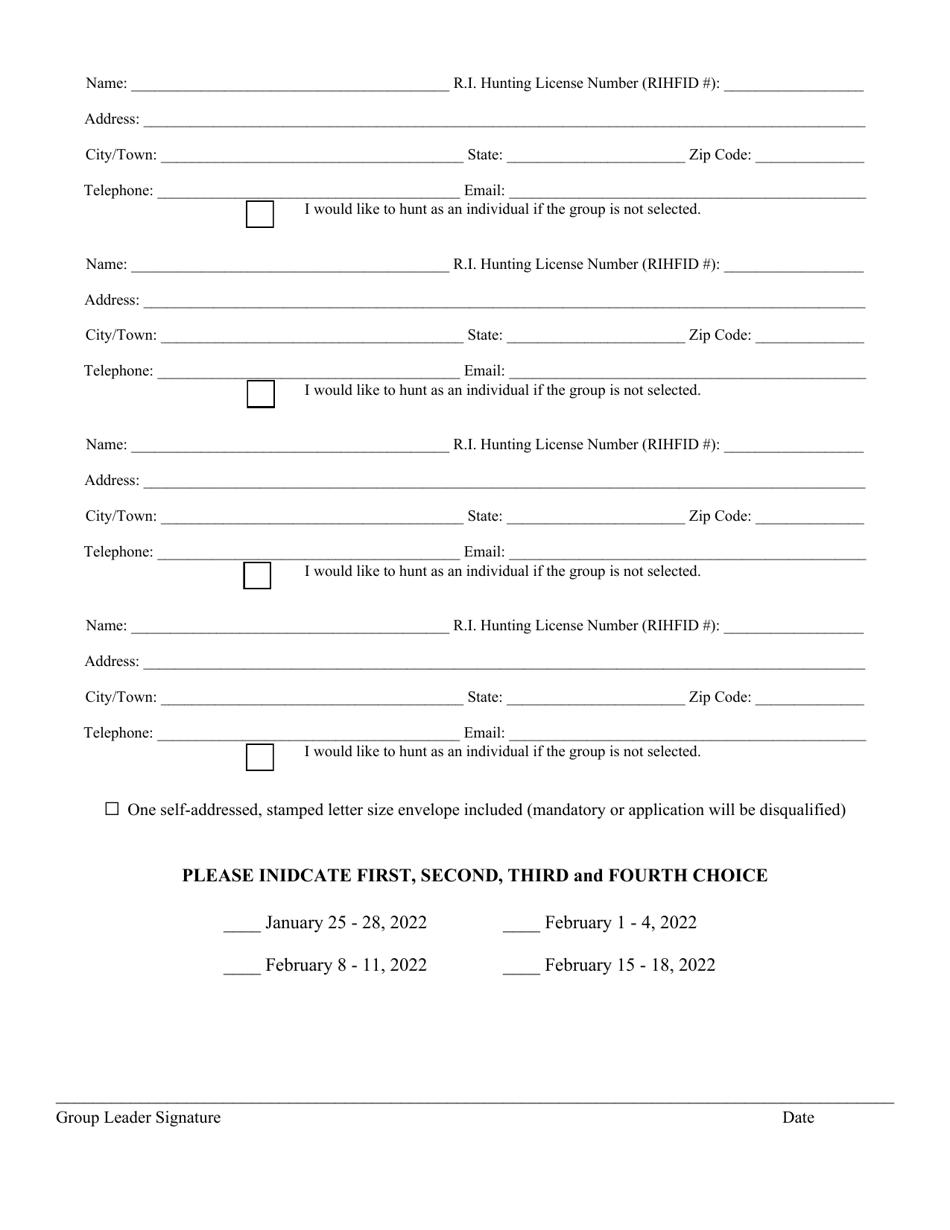 Block Island State Land (Black Rock / Rodmans Hollow) Hunting Lottery Application - Group - Rhode Island, Page 2