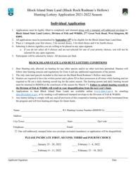Document preview: Block Island State Land (Black Rock/Rodman's Hollow) Hunting Lottery Application - Individual - Rhode Island, 2022