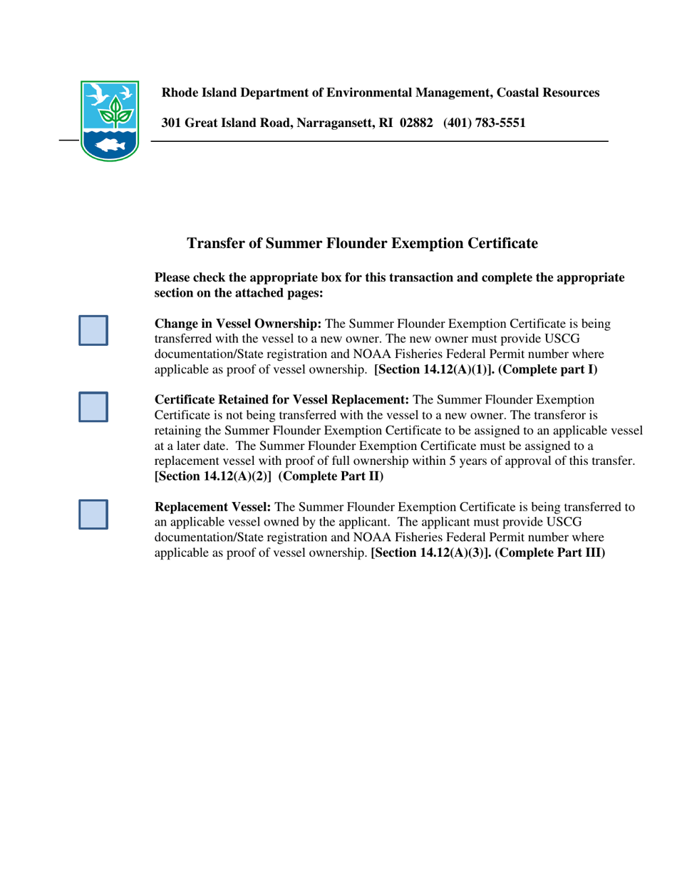 Summer Flounder Exemption Certificate Transfer Application - Rhode Island, Page 1