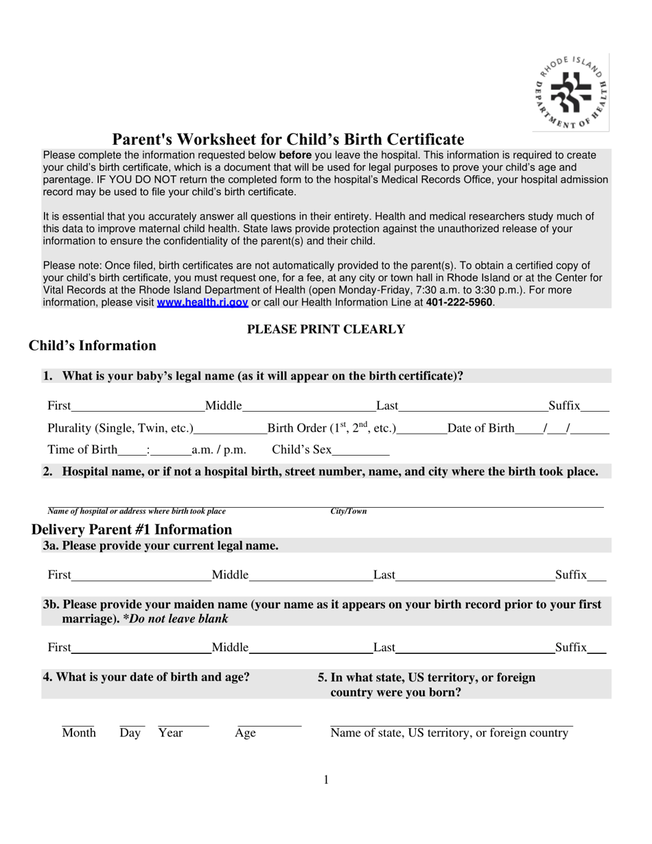 Form VR-1H Parents Worksheet for Childs Birth Certificate - Rhode Island, Page 1