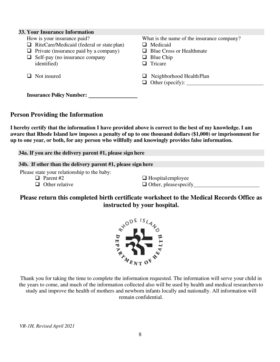 Form VR-1H Parents Worksheet for Childs Birth Certificate - Rhode Island, Page 8