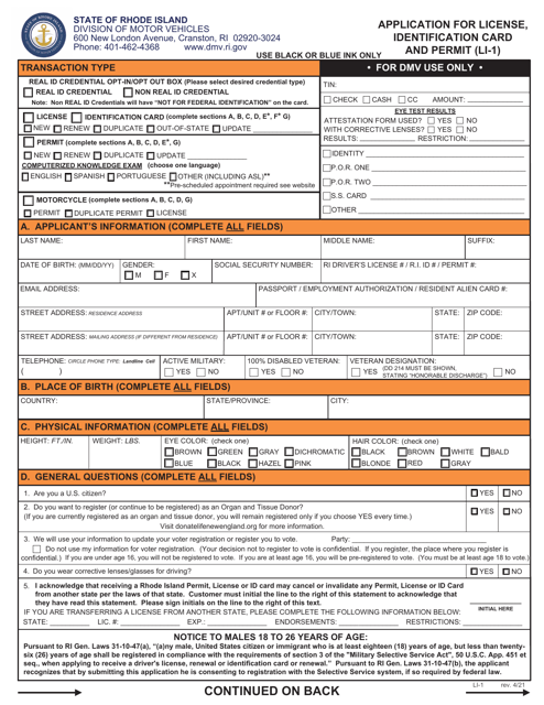 Form LI-1 Application for License, Identification Card and Permit - Rhode Island