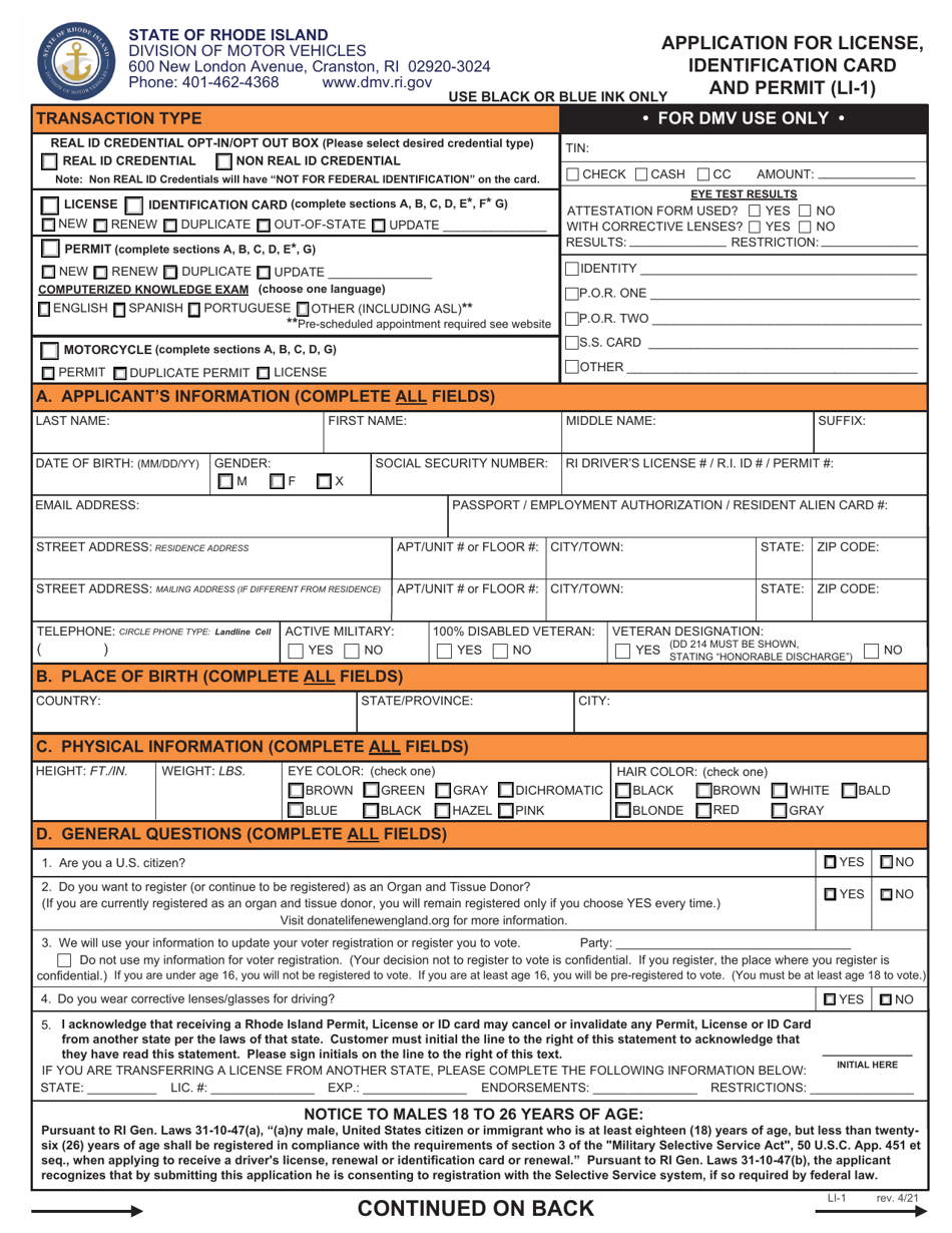 Form LI-1 Application for License, Identification Card and Permit - Rhode Island, Page 1