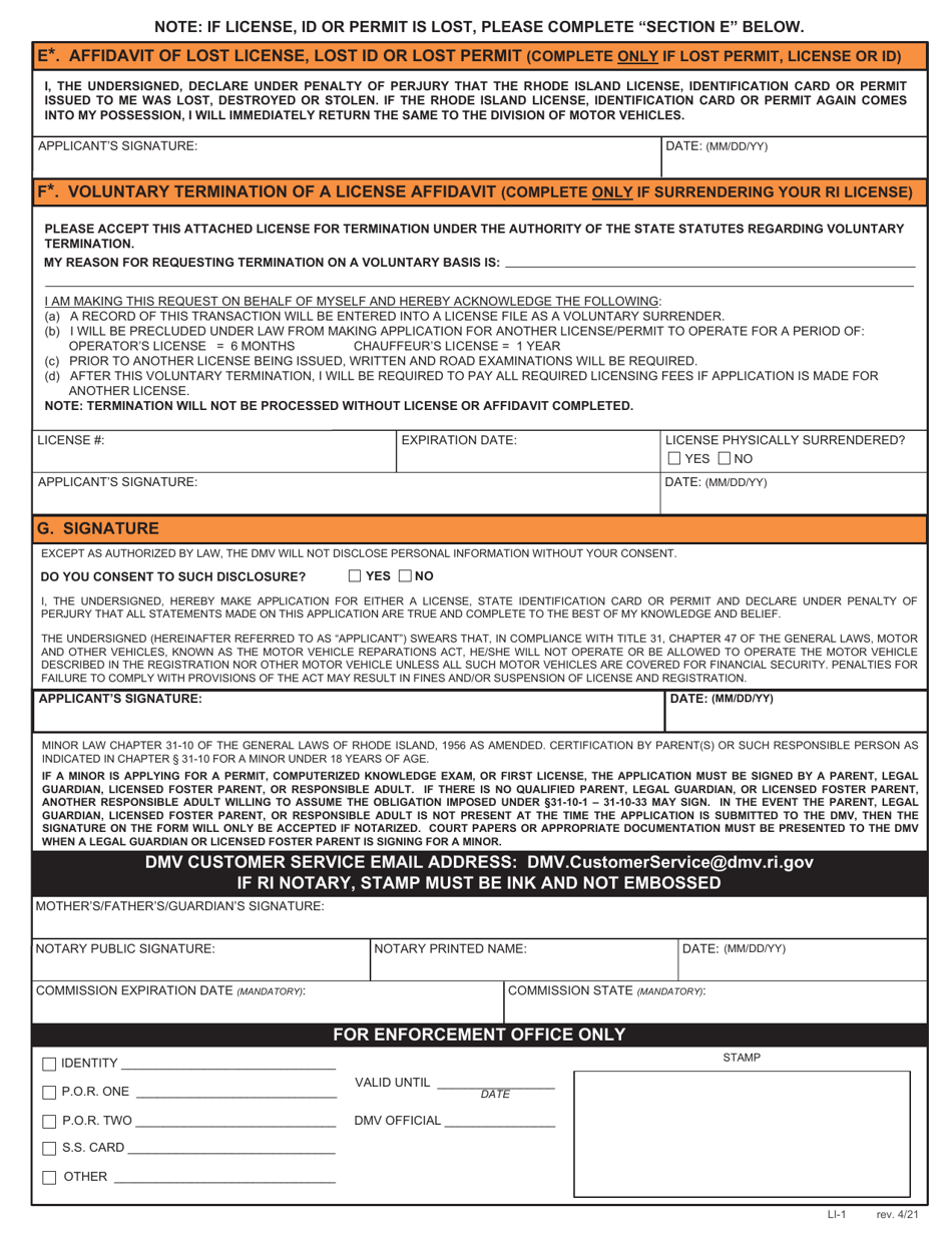 Form LI1 Download Fillable PDF or Fill Online Application for License