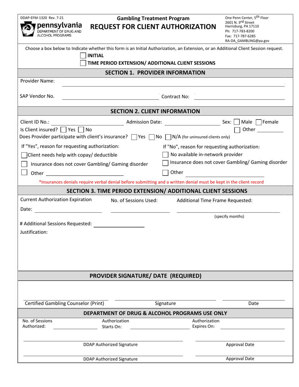 Form DDAP-EFM-1320 Request for Client Authorization - Pennsylvania, Page 1