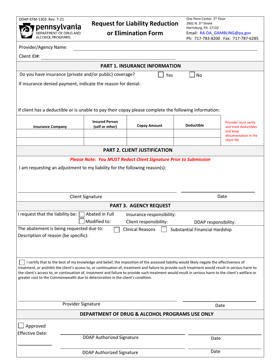 Form DDAP-EFM-1303 Request for Liability Reduction or Elimination Form - Pennsylvania, Page 1