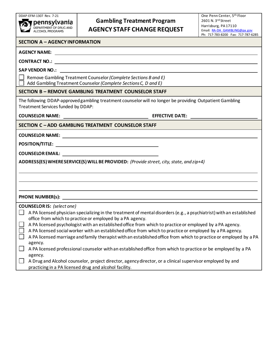 Form DDAP-EFM-1307 Agency Staff Change Request - Pennsylvania, Page 1