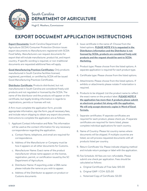 Export Document Application - South Carolina Download Pdf