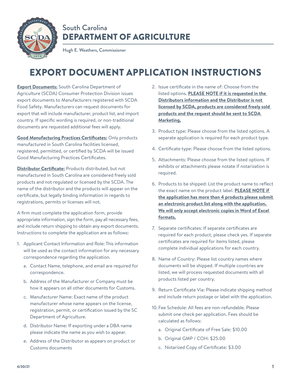 Export Document Application - South Carolina, Page 1