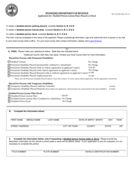 Form RV-F1310301 Application for Disabled Person License Plate, Placard, or Decal - Tennessee