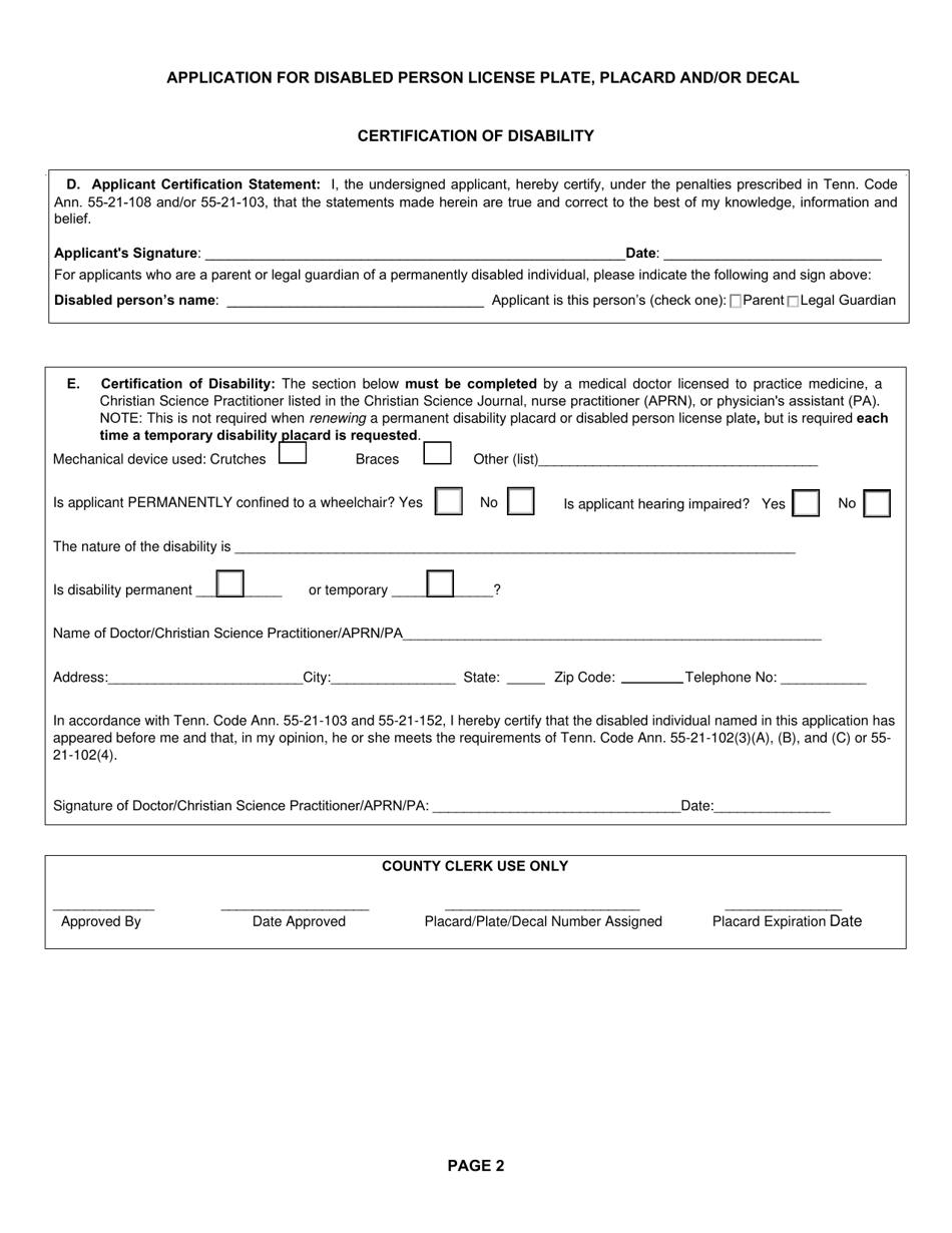 Form RV-F1310301 Application for Disabled Person License Plate, Placard, or Decal - Tennessee, Page 2
