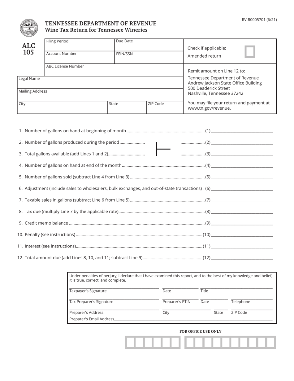 Form RV-R0005701 (ALC105) Wine Tax Return for Tennessee Wineries - Tennessee, Page 1