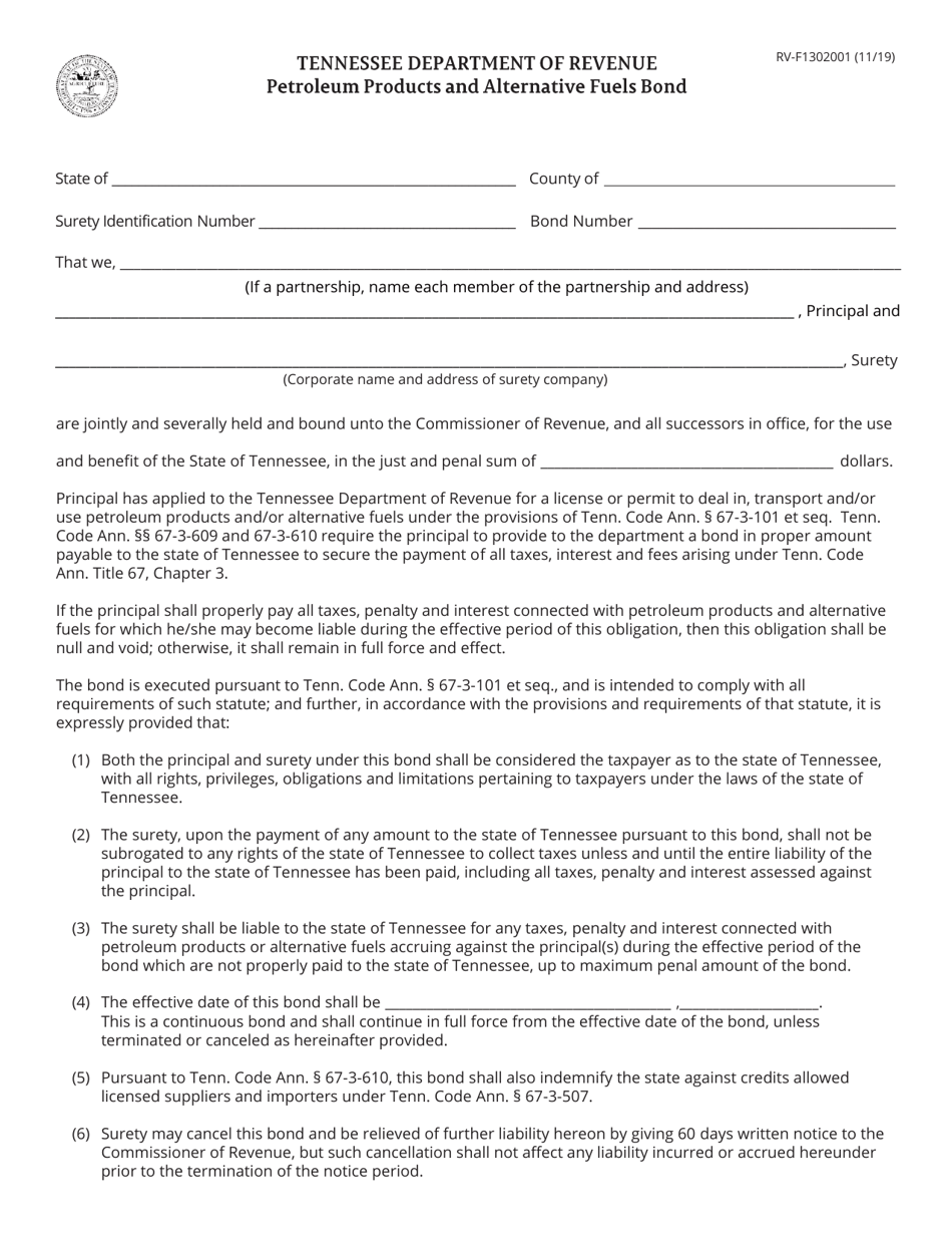 Form RV-F1302001 Petroleum Products and Alternative Fuels Bond - Tennessee, Page 1