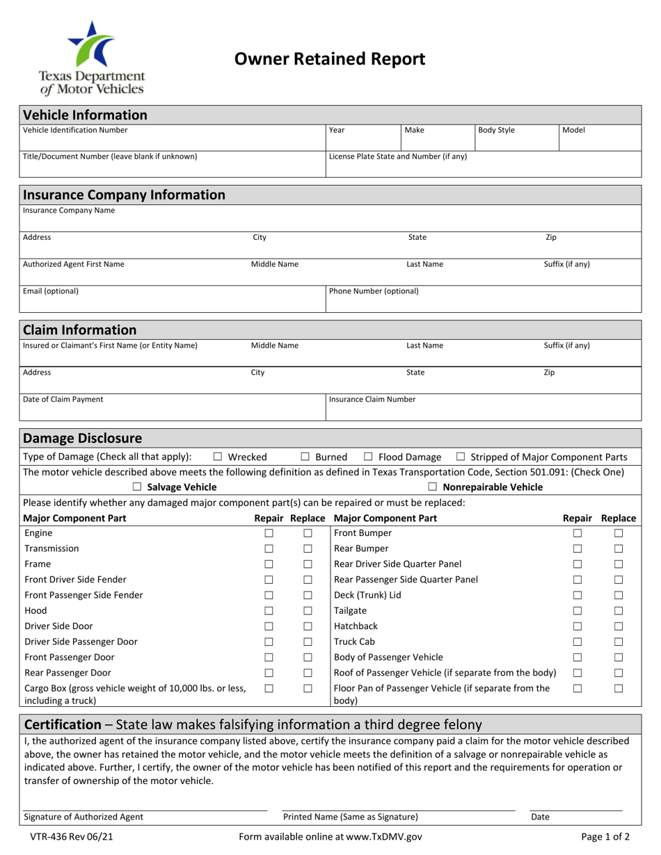 Form VTR-436 Owner Retained Report - Texas, Page 1
