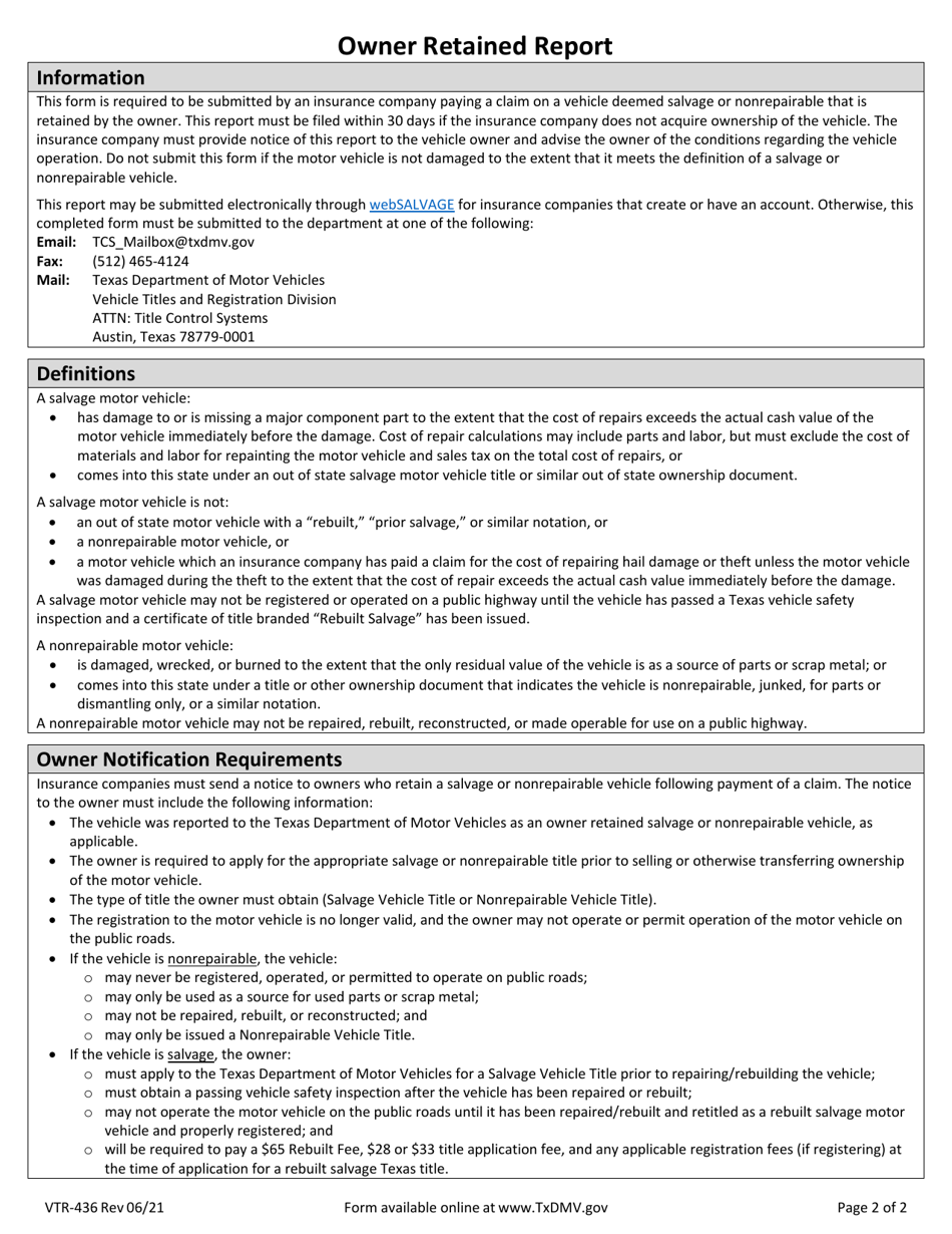 Form VTR-436 Download Fillable PDF or Fill Online Owner Retained Report ...