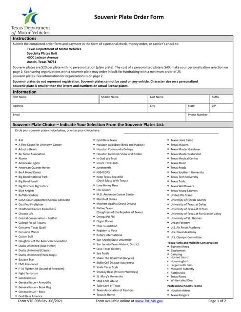 Form VTR-998  Printable Pdf