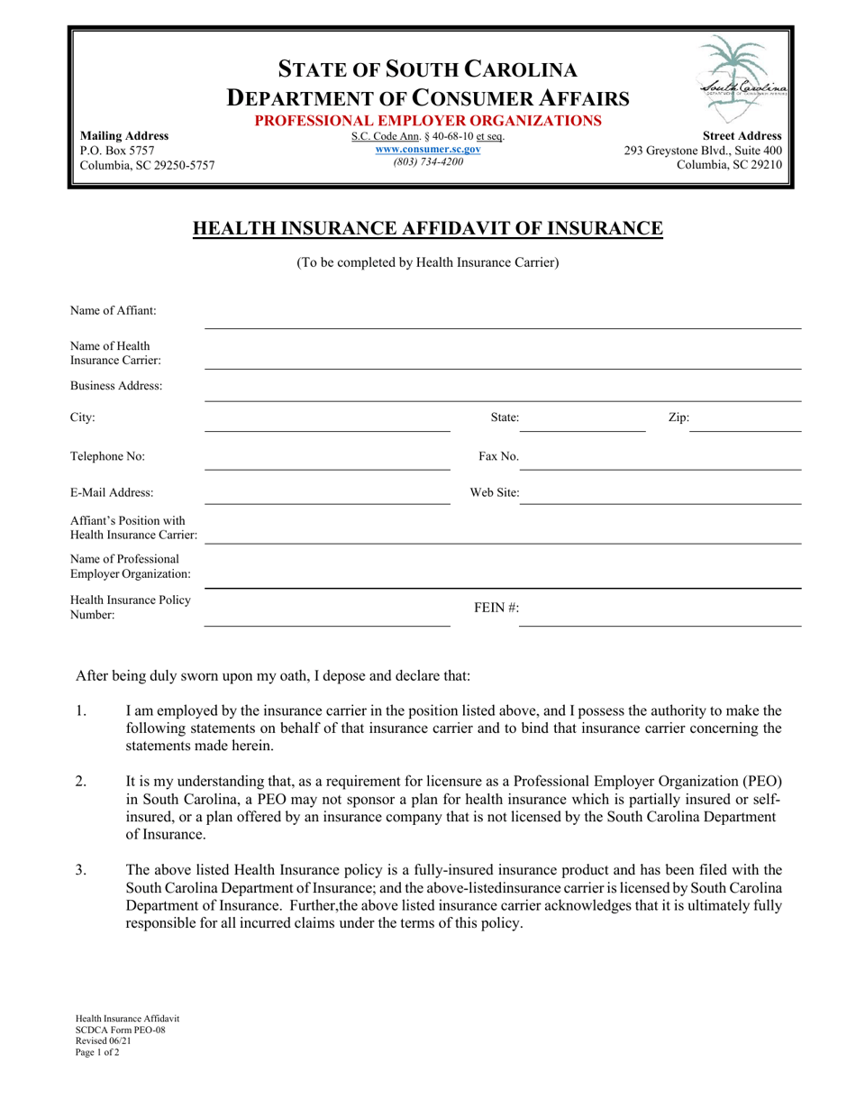 SCDCA Form PEO-08 Health Insurance Affidavit of Insurance - South Carolina, Page 1