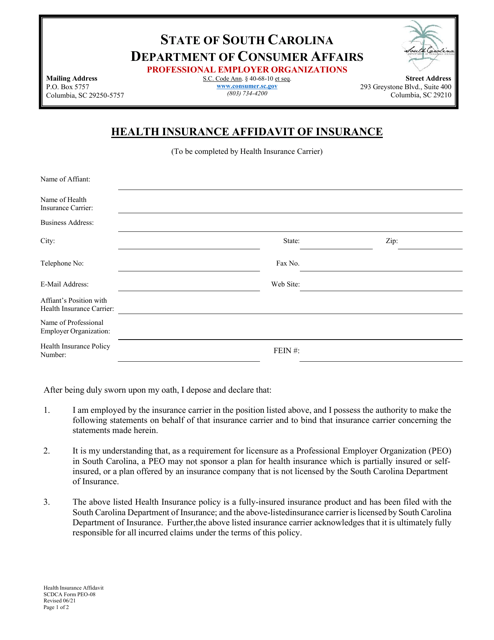 SCDCA Form PEO-08 Health Insurance Affidavit of Insurance - South Carolina