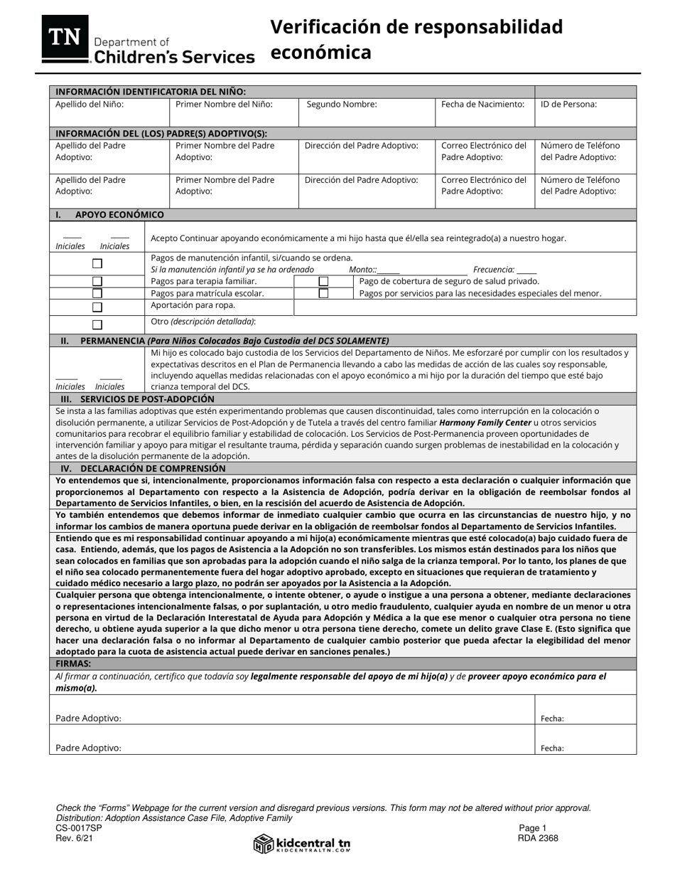 Formulario CS-0017SP Verificacion De Responsabilidad Economica - Tennessee (Spanish), Page 1