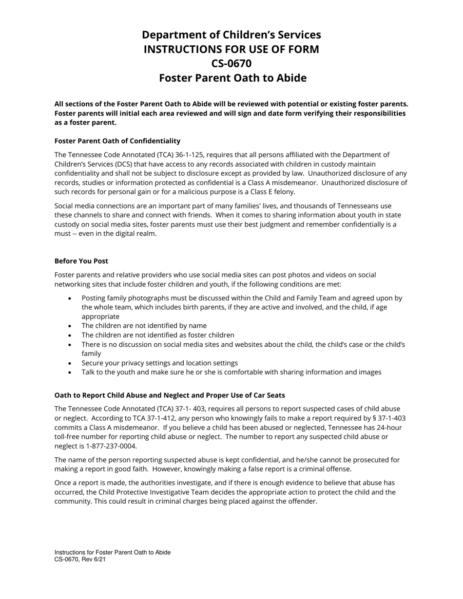 Form CS-0670 Foster Parent Oath to Abide - Tennessee, Page 3