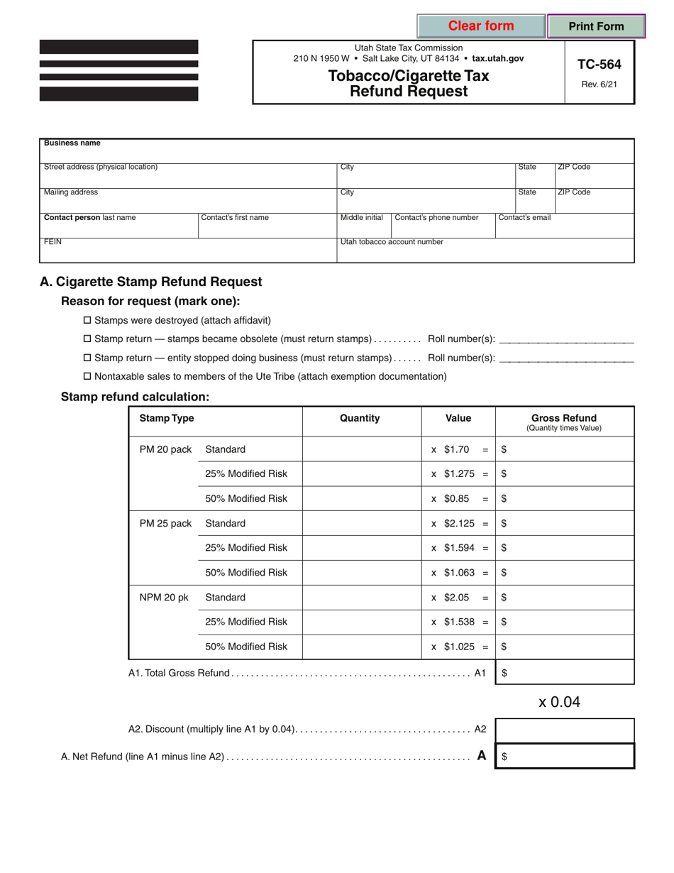 Form TC-564 Tobacco / Cigarette Tax Refund Request - Utah, Page 1