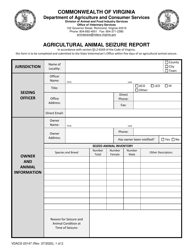 Document preview: Form VDACS03147 Agricultural Animal Seizure Report - Virginia