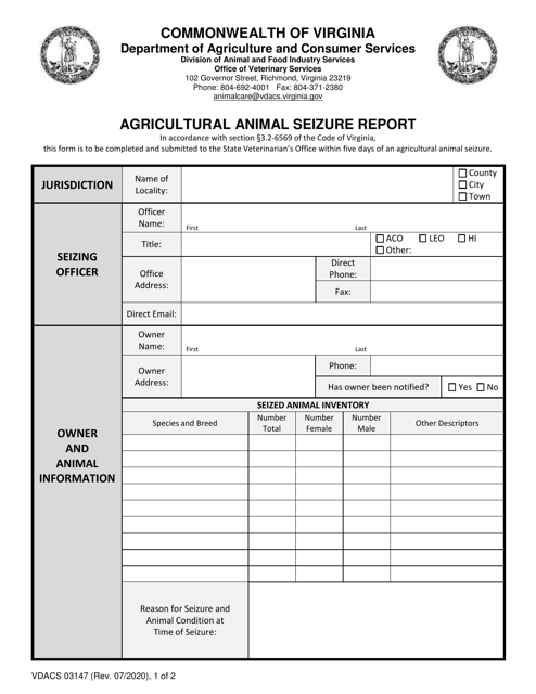 Form VDACS03147 Agricultural Animal Seizure Report - Virginia