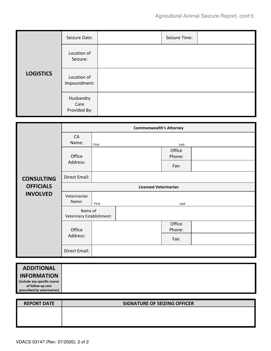 Form VDACS03147 Agricultural Animal Seizure Report - Virginia, Page 2