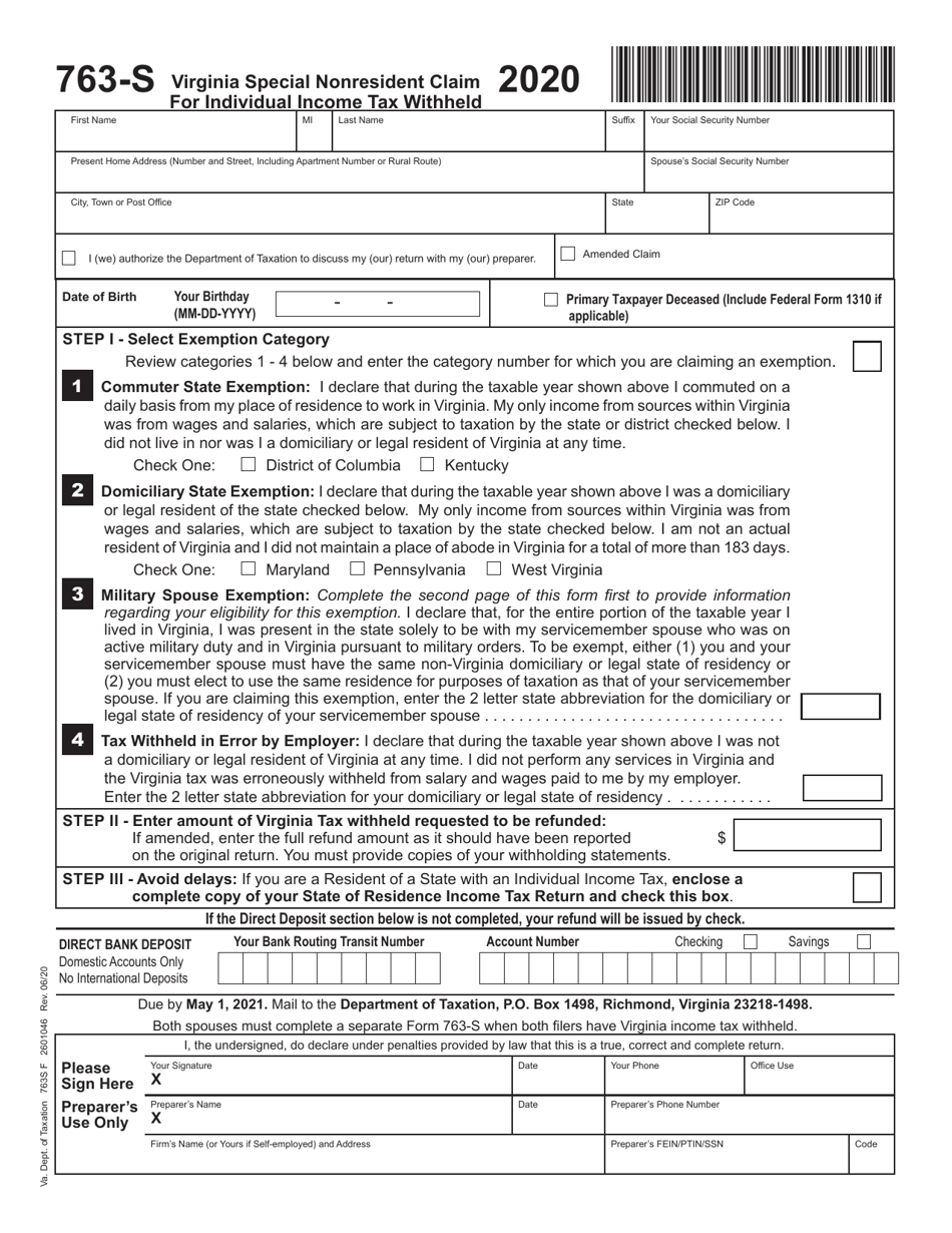 Form 763-S Virginia Special Nonresident Claim for Individual Income Tax Withheld - Virginia, Page 1
