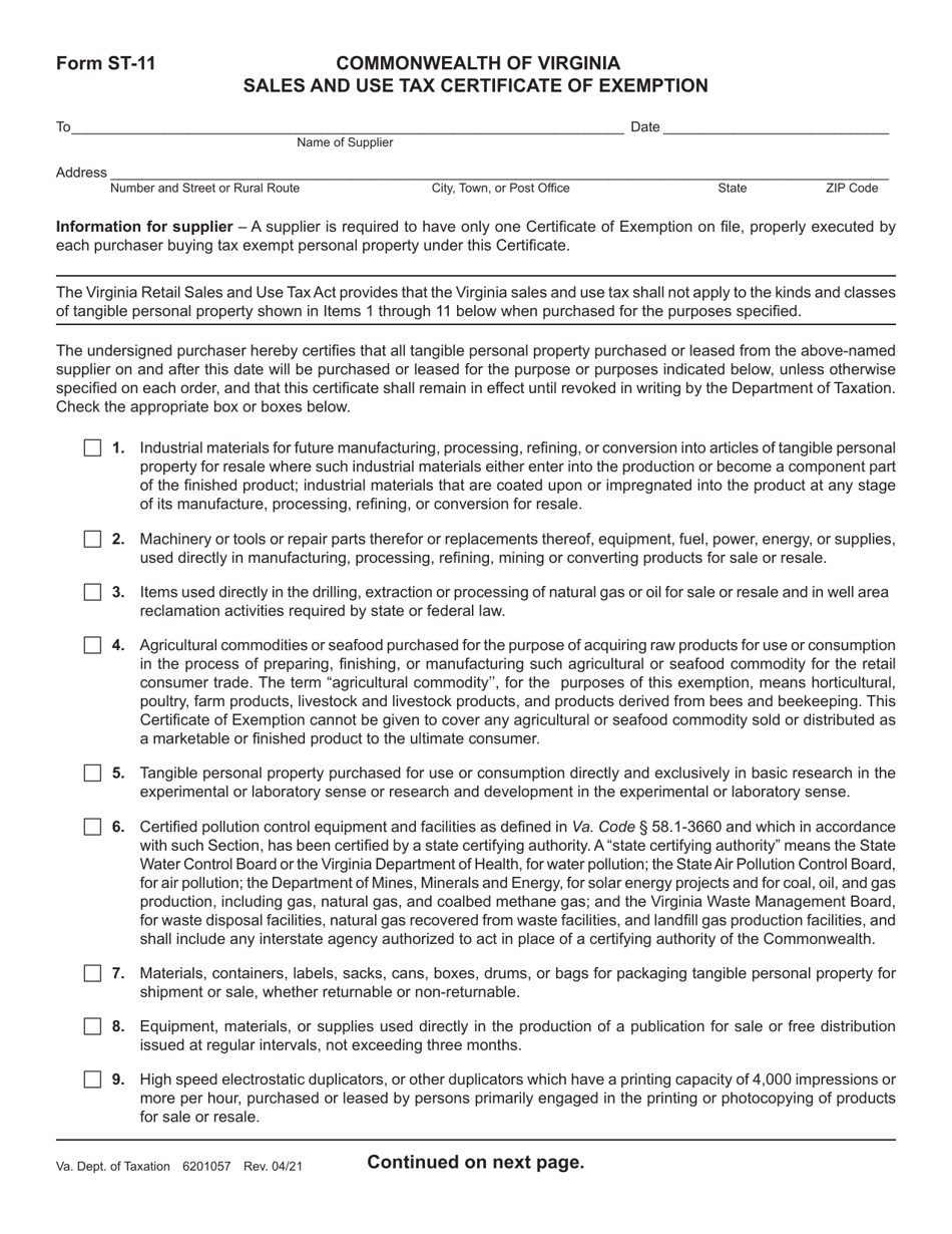 Form ST-11 Sales and Use Tax Certificate of Exemption - Virginia, Page 1