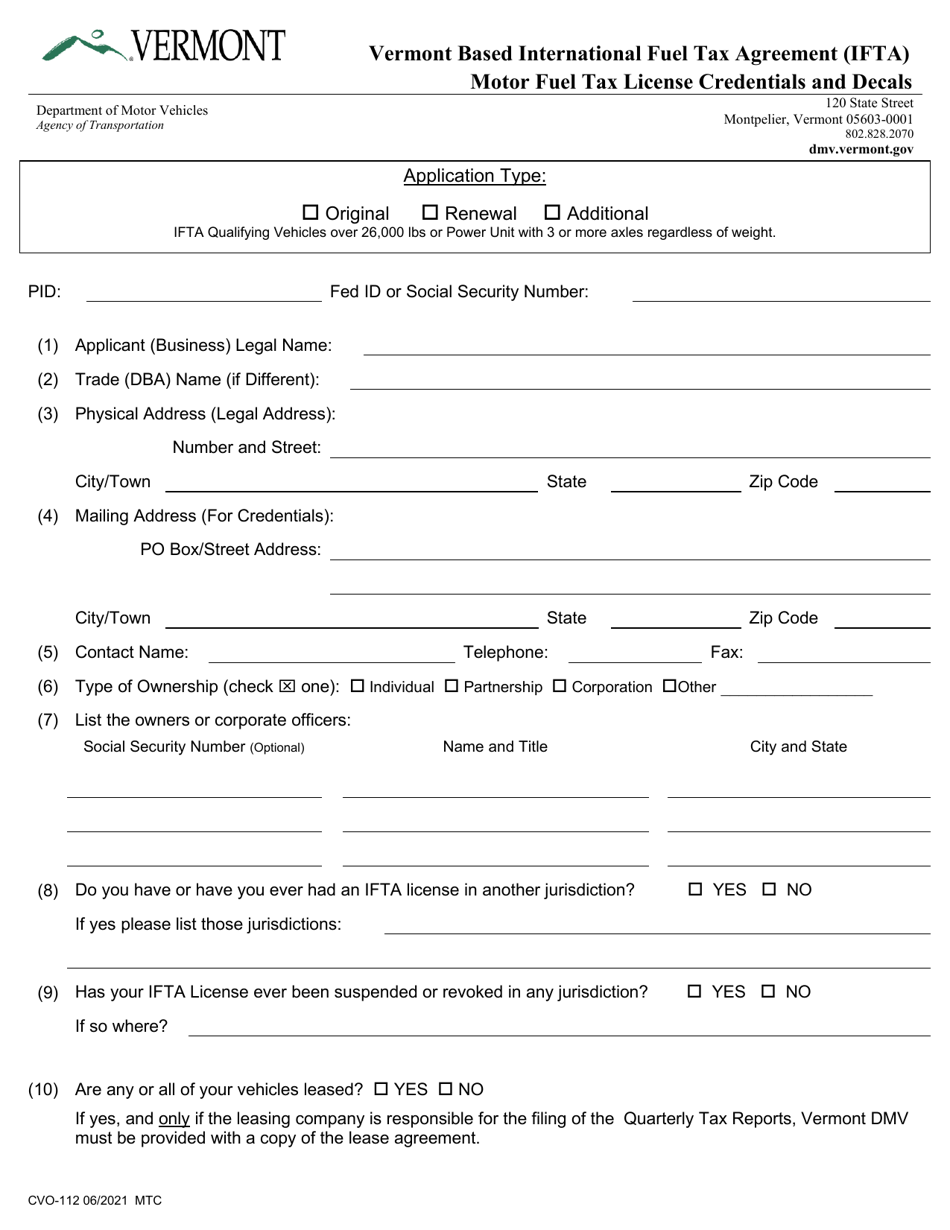 Form CVO112 Download Fillable PDF or Fill Online Vermont Based