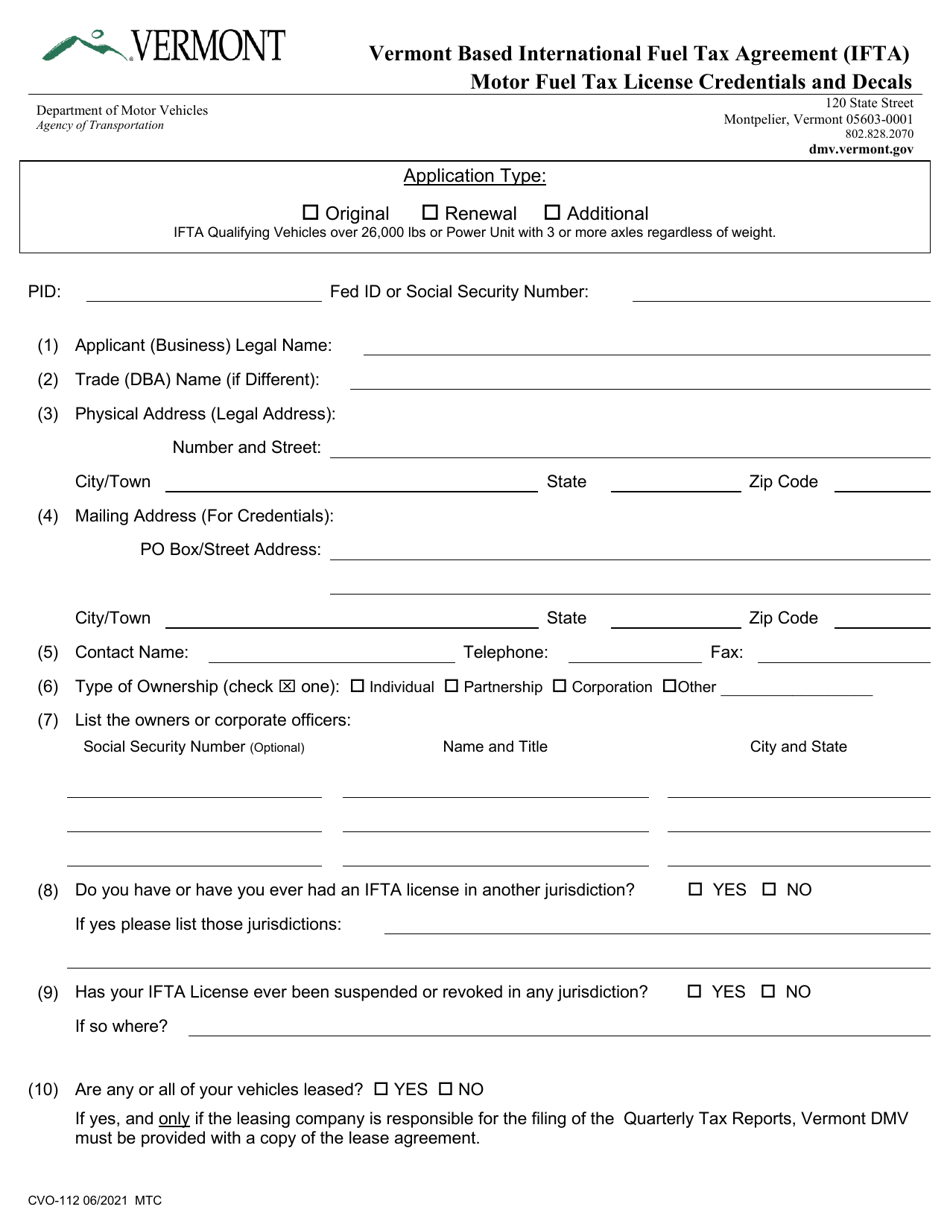 Form CVO-112 Vermont Based International Fuel Tax Agreement (Ifta) Motor Fuel Tax License Credentials and Decals - Vermont, Page 1