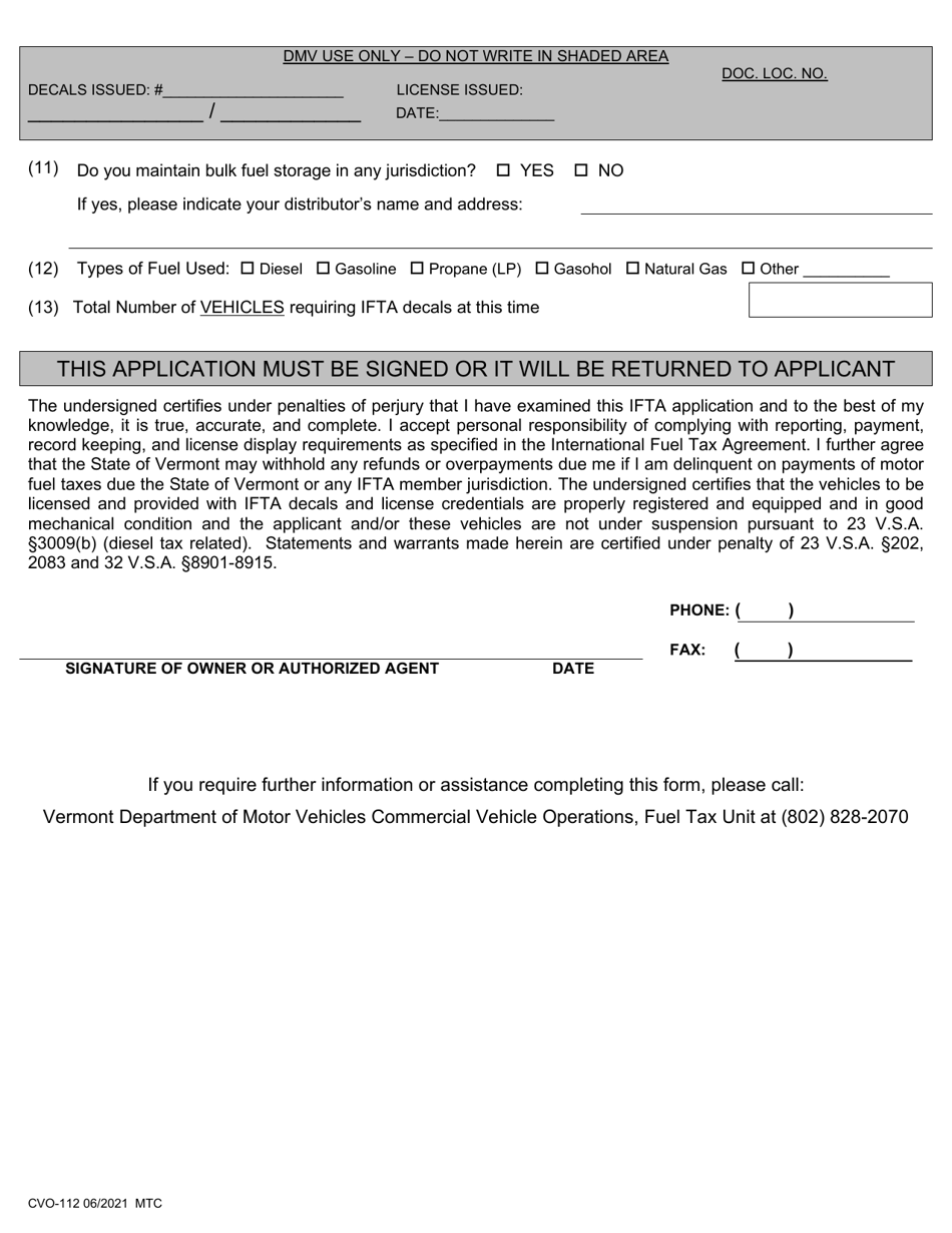 Form CVO-112 Vermont Based International Fuel Tax Agreement (Ifta) Motor Fuel Tax License Credentials and Decals - Vermont, Page 2