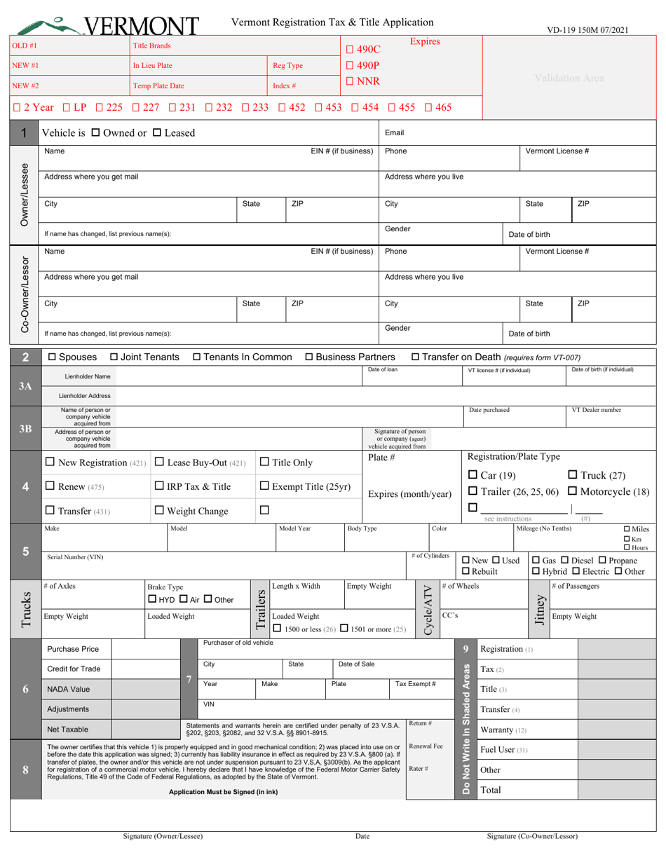 Form VD119 Fill Out, Sign Online and Download Fillable PDF, Vermont