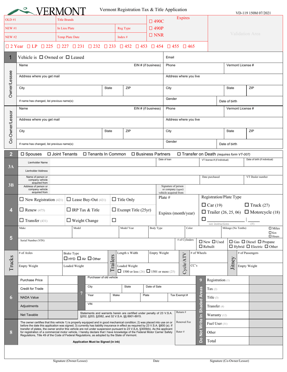 Form VD-119 Registration Tax  Title Application - Vermont, Page 1
