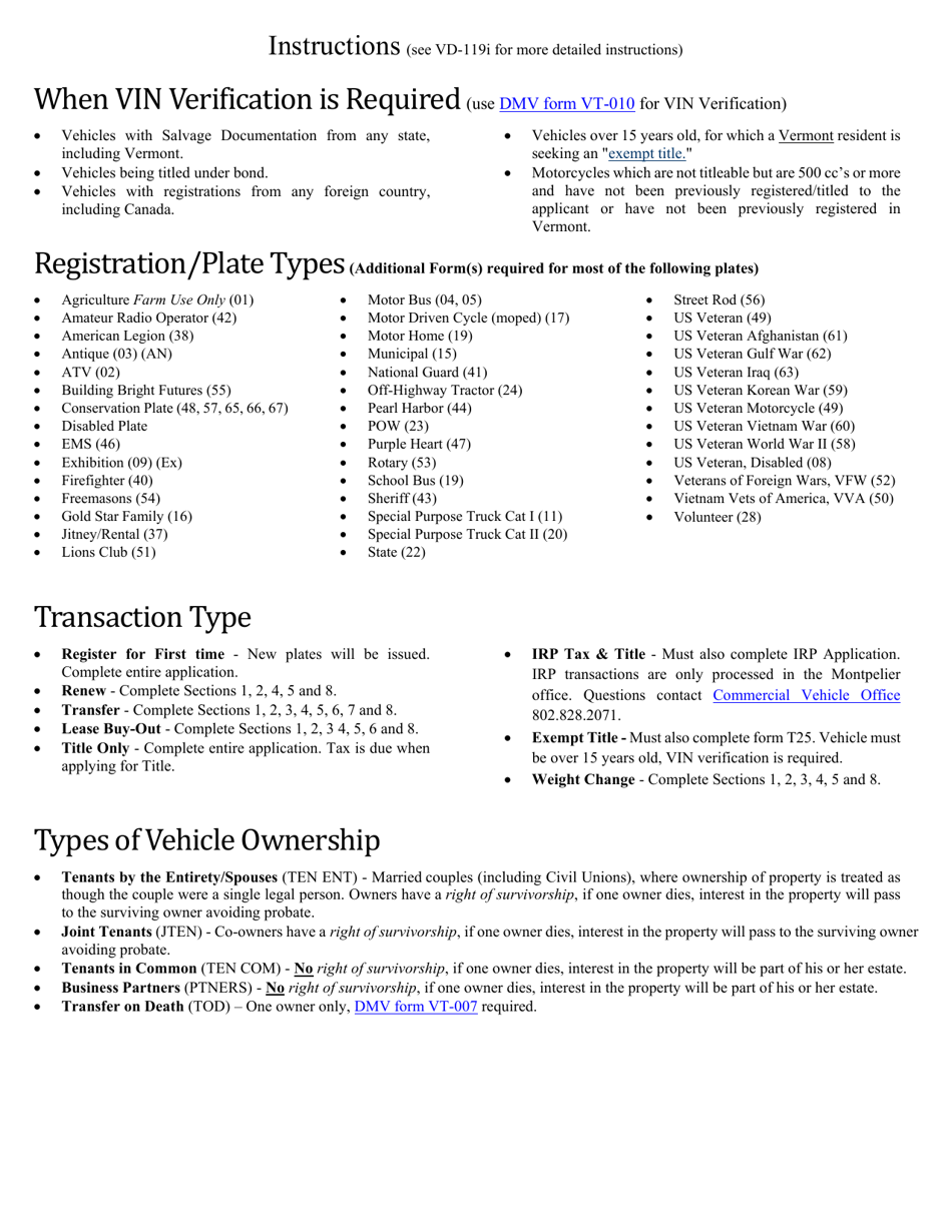 Form VD-119 Registration Tax  Title Application - Vermont, Page 3
