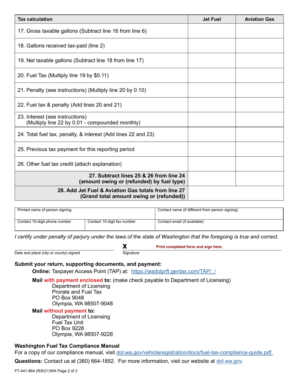 Form FT-441-864 Aircraft Distributor Tax Return - Washington, Page 2