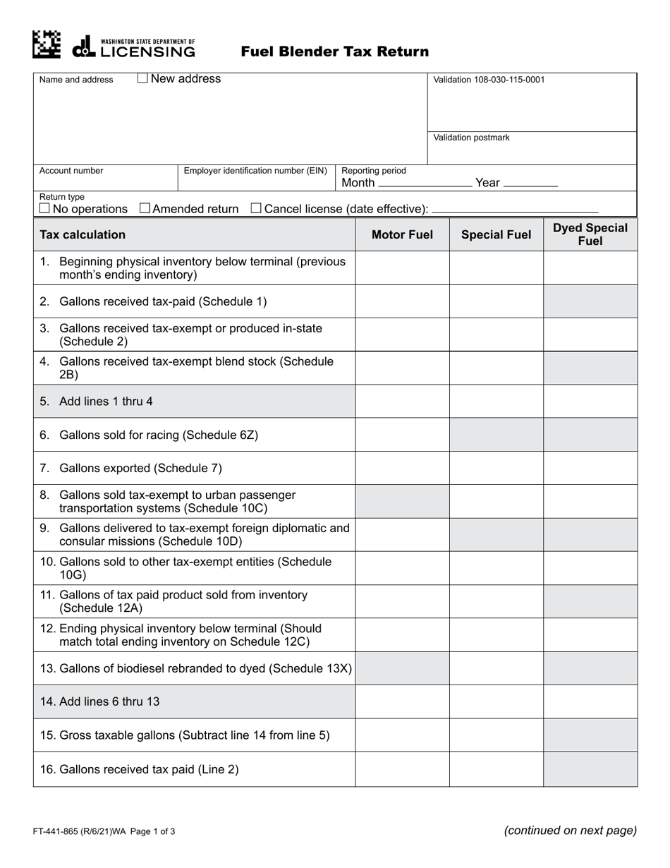 Form FT-441-865 Fuel Blender Tax Return - Washington, Page 1