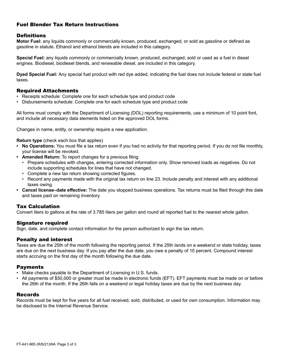 Form FT-441-865 Fuel Blender Tax Return - Washington, Page 3